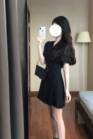 Women's Black Suit Dress, Waist-Cinching, Pleated Short Skirt, Stylish Design, Summer 2025 Trend, Chic Party Dress