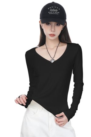 Women's Black V-Neck Fitted Long Sleeve Cotton Top - 2025 Spring Layering Essential for a Slimming Look