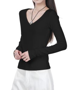 Women's Black V-Neck Fitted Long Sleeve Cotton Top - 2025 Spring Layering Essential for a Slimming Look