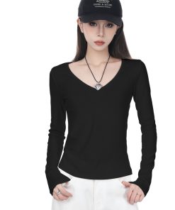 Women's Black V-Neck Fitted Long Sleeve Cotton Top - 2025 Spring Layering Essential for a Slimming Look