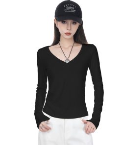 Women's Black V-Neck Fitted Long Sleeve Cotton Top - 2025 Spring Layering Essential for a Slimming Look