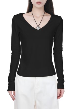 Women's Black V-Neck Fitted Long Sleeve Cotton Top - 2025 Spring Layering Essential for a Slimming Look