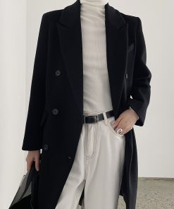 Women's Black Wool Coat - Hepburn Style Structured Shoulder Suit Coat for Winter Fashion