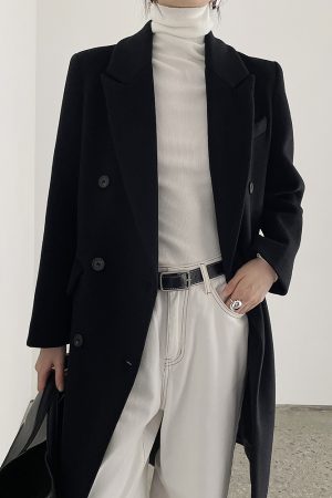 Women's Black Wool Coat - Hepburn Style Structured Shoulder Suit Coat for Winter Fashion