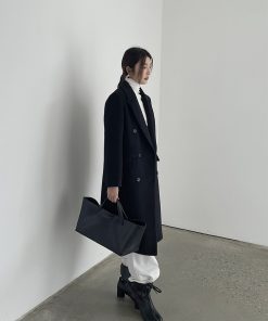 Women's Black Wool Coat - Hepburn Style Structured Shoulder Suit Coat for Winter Fashion