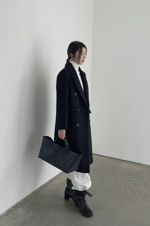 Women's Black Wool Coat - Hepburn Style Structured Shoulder Suit Coat for Winter Fashion