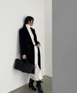 Women's Black Wool Coat - Hepburn Style Structured Shoulder Suit Coat for Winter Fashion