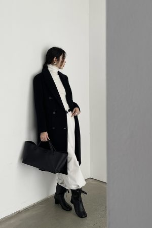 Women's Black Wool Coat - Hepburn Style Structured Shoulder Suit Coat for Winter Fashion