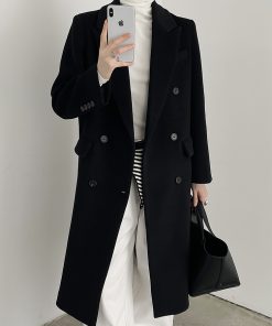 Women's Black Wool Coat - Hepburn Style Structured Shoulder Suit Coat for Winter Fashion