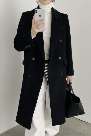 Women's Black Wool Coat - Hepburn Style Structured Shoulder Suit Coat for Winter Fashion