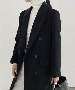 Women's Black Wool Coat - Hepburn Style Structured Shoulder Suit Coat for Winter Fashion
