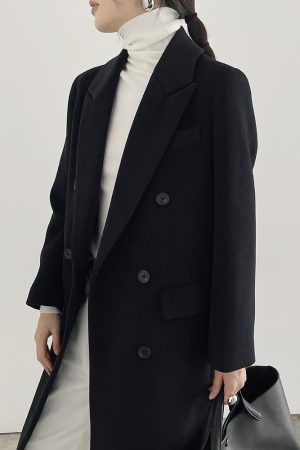 Women's Black Wool Coat - Hepburn Style Structured Shoulder Suit Coat for Winter Fashion