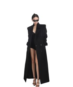 Women's Black Wool Coat - Slim Fit Mid-Length Double-Breasted Overcoat for Autumn Winter - Stylish Classic Outerwear