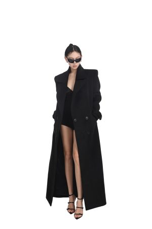 Women's Black Wool Coat - Slim Fit Mid-Length Double-Breasted Overcoat for Autumn Winter - Stylish Classic Outerwear