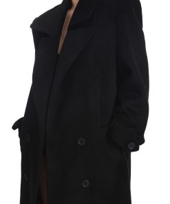 Women's Black Wool Coat - Slim Fit Mid-Length Double-Breasted Overcoat for Autumn Winter - Stylish Classic Outerwear