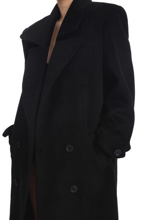 Women's Black Wool Coat - Slim Fit Mid-Length Double-Breasted Overcoat for Autumn Winter - Stylish Classic Outerwear