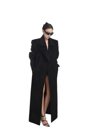 Women's Black Wool Coat - Slim Fit Mid-Length Double-Breasted Overcoat for Autumn Winter - Stylish Classic Outerwear