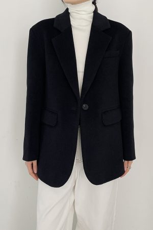 Women's Black Woolen Coat - Elegant Korean Style Loose Casual Slimming Overcoat