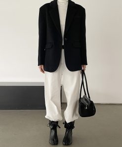 Women's Black Woolen Coat - Elegant Korean Style Loose Casual Slimming Overcoat