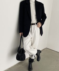 Women's Black Woolen Coat - Elegant Korean Style Loose Casual Slimming Overcoat