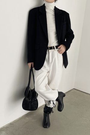 Women's Black Woolen Coat - Elegant Korean Style Loose Casual Slimming Overcoat