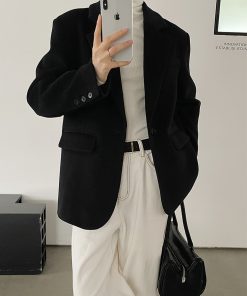 Women's Black Woolen Coat - Elegant Korean Style Loose Casual Slimming Overcoat