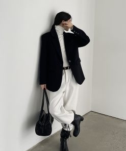 Women's Black Woolen Coat - Elegant Korean Style Loose Casual Slimming Overcoat