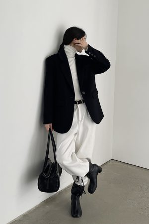 Women's Black Woolen Coat - Elegant Korean Style Loose Casual Slimming Overcoat