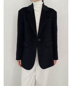 Women's Black Woolen Coat - Elegant Korean Style Loose Casual Slimming Overcoat