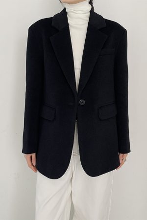 Women's Black Woolen Coat - Elegant Korean Style Loose Casual Slimming Overcoat