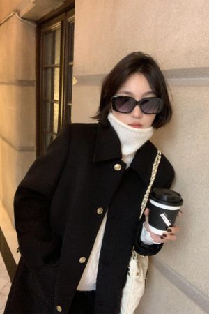 Women's Black Woolen Coat - Loose Long Style, High-End Korean Design, Winter Fashion Essential