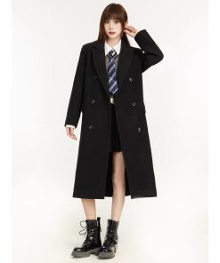 Women's Black Woolen Overcoat - 2025 Spring Thick Hepburn Style Mid-Length Coat for Petite Sizes