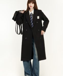 Women's Black Woolen Overcoat - 2025 Spring Thick Hepburn Style Mid-Length Coat for Petite Sizes