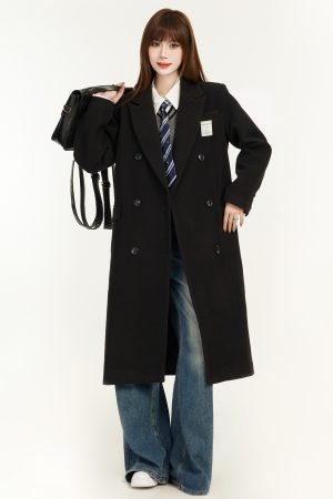 Women's Black Woolen Overcoat - 2025 Spring Thick Hepburn Style Mid-Length Coat for Petite Sizes