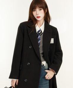 Women's Black Woolen Overcoat - 2025 Spring Thick Hepburn Style Mid-Length Coat for Petite Sizes