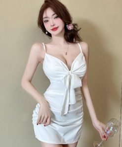 Women's Bodycon Slip Dress - Low-Cut Deep V-Neck, Waist-Cinching, Slim-Fit Style for Nightclub and Party Wear