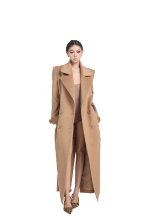 Women's Brown Woolen Coat - Slim Fit Mid-Length Double-Breasted Outerwear for Autumn Winter, Stylish and Elegant Fashion Essential