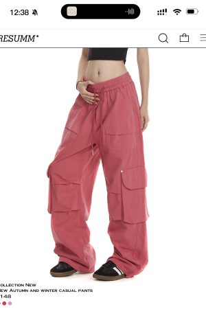 Women's Cargo Pants - American Street Style Multi-Pocket Trendy Drawstring Pleated Straight Wide-Leg Casual Pants