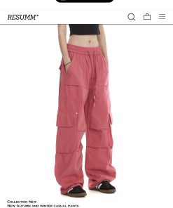 Women's Cargo Pants - American Street Style Multi-Pocket Trendy Drawstring Pleated Straight Wide-Leg Casual Pants