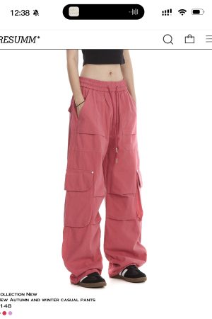Women's Cargo Pants - American Street Style Multi-Pocket Trendy Drawstring Pleated Straight Wide-Leg Casual Pants