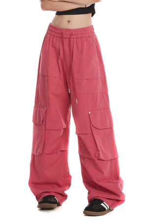 Women's Cargo Pants - American Street Style Multi-Pocket Trendy Drawstring Pleated Straight Wide-Leg Casual Pants