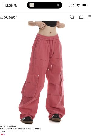 Women's Cargo Pants - American Street Style Multi-Pocket Trendy Drawstring Pleated Straight Wide-Leg Casual Pants