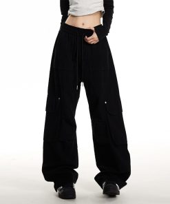 Women's Cargo Pants - American Street Style Multi-Pocket Trendy Drawstring Pleated Straight Wide-Leg Casual Pants