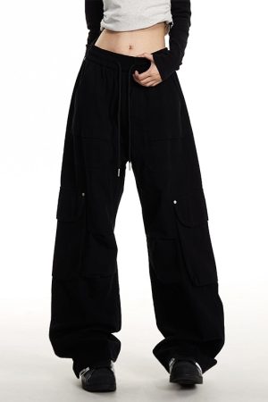 Women's Cargo Pants - American Street Style Multi-Pocket Trendy Drawstring Pleated Straight Wide-Leg Casual Pants