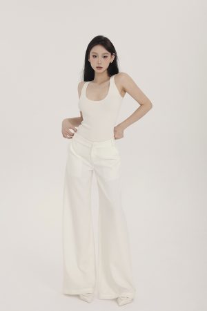 Women's Casual Wide Leg Trousers - Spring Summer White Draped Low Waist Pants, Versatile Simple Design for Effortless Style