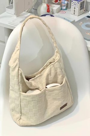 Women's Checkerboard Canvas Tote Bag - Trendy Large Capacity Shoulder Bag for Commuting and Everyday Style