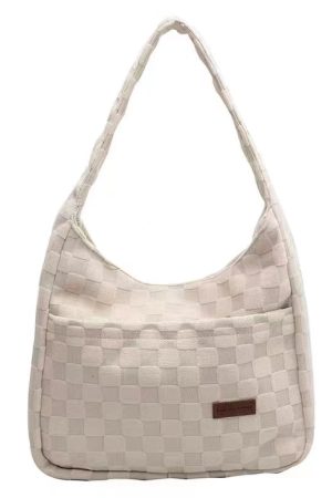Women's Checkerboard Canvas Tote Bag - Trendy Large Capacity Shoulder Bag for Commuting and Everyday Style