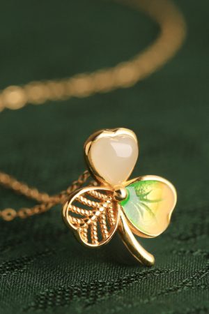 Women's Chinese Style Light Luxury Gold Inlaid Jade Clavicle Chain Necklace with Pure Silver Enamel Three-Leaf Clover Pendant