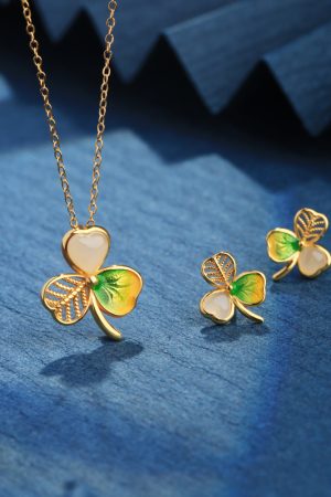 Women's Chinese Style Light Luxury Gold Inlaid Jade Clavicle Chain Necklace with Pure Silver Enamel Three-Leaf Clover Pendant