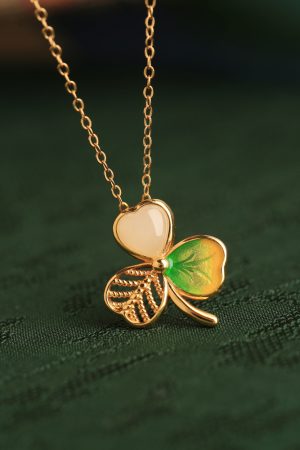 Women's Chinese Style Light Luxury Gold Inlaid Jade Clavicle Chain Necklace with Pure Silver Enamel Three-Leaf Clover Pendant